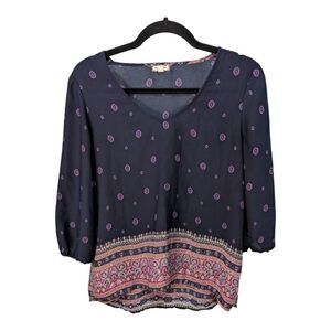 Eyeshadow Tunic Boho Print V Neck with Gathered Waist Blouse Women’s Small